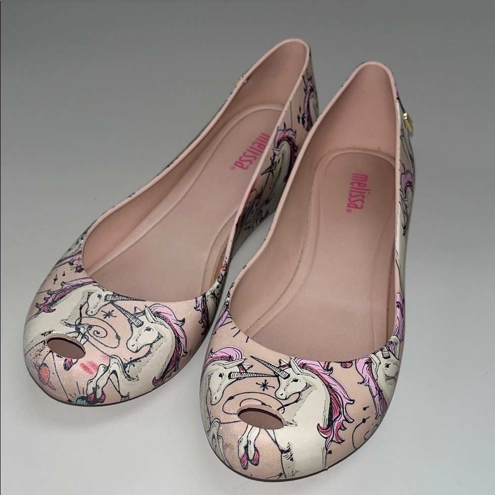 Melissa Women's Unicorn 🦄 peep toe  Flats - Pink and Cream size 6
